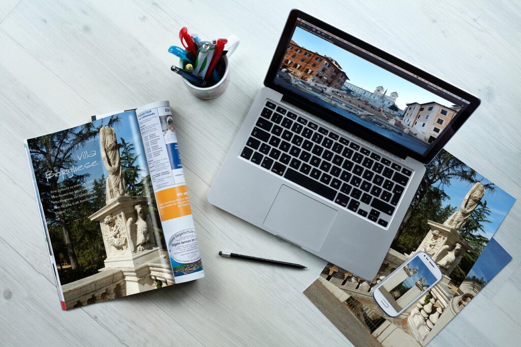communication, workplace, macbook, smartphone, desktop, creative, computer, mockup, photos, to travel, pictures, rome, mac, apple, design, magazine.travel